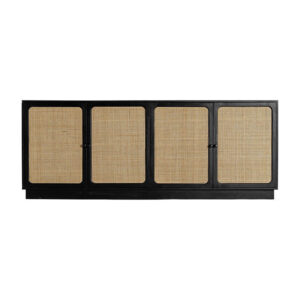 Aparador laissus de estilo clásico fabricado en madera de mango en color negro combinado con mimbre en color marrón y madera dm.