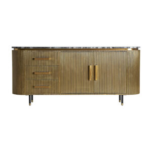 Aparador valbruna de estilo art deco fabricado en madera dm en color oro con acabado revestimiento de latón combinado con mármol en color negro con acabado texturizado y hierro en color negro con acabado revestimiento en polvo negro. Producto desmontable.