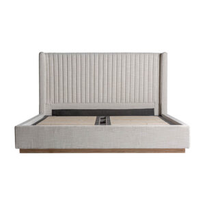 Cama aunac de estilo art deco fabricado en poliéster en color gris combinado con madera de pino en color marrón claro y espuma. Producto desmontable.