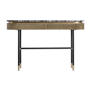 Consola Valbruna de estilo art deco fabricado en madera dm en color oro con acabado revestimiento de latón combinado con mármol en color negro con acabado texturizado y hierro en color negro con acabado revestimiento en polvo negro. Producto desmontable.