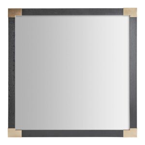 Espejo Delmont de estilo art deco fabricado en espejo combinado con madera de fresno en color negro y hierro en color dorado.