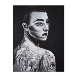 Lienzo Charlotte de estilo contemporáneo fabricado en lienzo en color blanco con acabado artesanal en color negro.