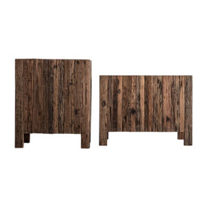 Macetero j 2 Samsun de estilo colonial fabricado en madera recuperada en color marrón. Producto apilable.