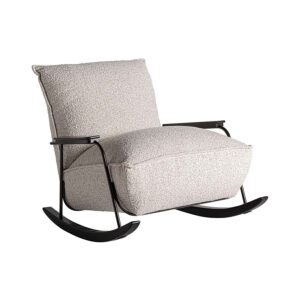 Mecedora zwalm de estilo contemporáneo fabricado en madera de pino en color negro combinado con poliéster en color beige con acabado jaspeado y madera de fresno en color negro.