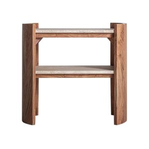 Mesa auxiliar Tivoli de estilo contemporáneo fabricado en travertino en color beige combinado con madera de acacia en color marrón. Producto desmontable.