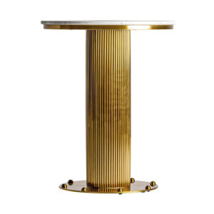 Mesa bar Dolny de estilo art deco fabricado en mármol en color blanco combinado con acero en color oro. Producto desmontable.