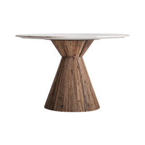 Mesa comedor toigne de estilo contemporáneo fabricado en madera tropical en color marrón combinado con mármol en color blanco. Producto desmontable.