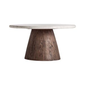 Mesa de centro skorup de estilo rústico fabricado en madera recuperada en color marrón con acabado envejecido combinado con mármol en color blanco.