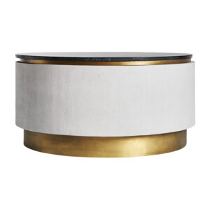 Mesa de centro Zerbst de estilo art deco fabricado en hierro en color blanco combinado con mármol en color negro y madera dm en color oro. Producto desmontable.