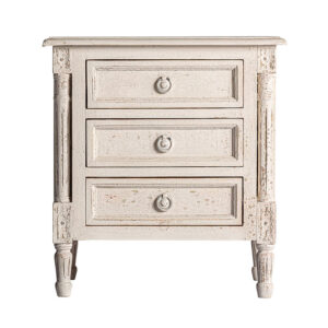 Mesita de noche pisek de estilo provenzal fabricado en madera de mango en color blanco roto.