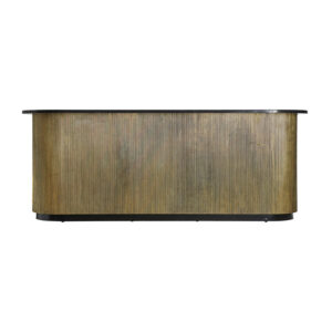 Mostrador Valbruna de estilo art deco fabricado en madera dm en color oro con acabado revestimiento de latón combinado con mármol en color negro con acabado texturizado y hierro en color negro con acabado revestimiento en polvo negro. Producto desmontable.