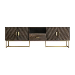 Mueble tv Kraj de estilo art deco fabricado en hierro en color marrón combinado con madera de mango en color oro.