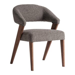 Silla Veney de estilo contemporáneo fabricado en poliéster en color gris con acabado jaspeado combinado con madera roble en color marrón y madera de caucho.
