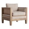 Sillón Grube de estilo clásico fabricado en madera abedul en color marrón combinado con lino en color beige y yute. Producto desenfundable.