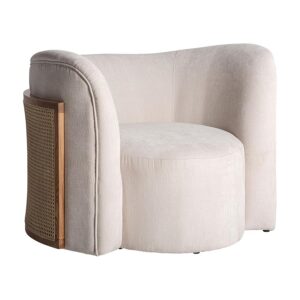 Sillón nyul de estilo contemporáneo fabricado en madera de pino en color blanco roto combinado con poliéster en color marrón y ratán.