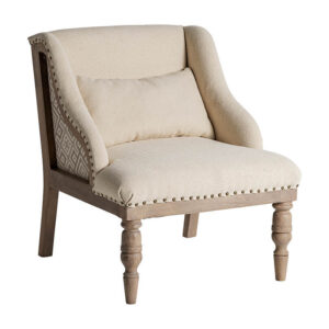 Sillón objat de estilo colonial fabricado en madera de mango en color marrón combinado con poliéster en color beige.