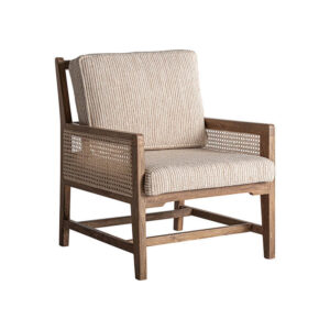 Sillón romarand de estilo clásico fabricado en madera de mango en color marrón combinado con mimbre en color beige y madera dm.