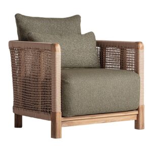 Sillón Trena fabricado en madera de teka reciclada en color marrón combinado con polipropileno reciclado en color caqui y espuma.