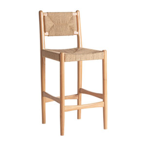 Taburete agia de estilo contemporáneo fabricado en madera de teka en color marrón combinado con cáñamo.