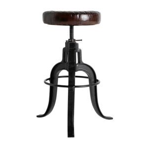 Taburete ripley de estilo vintage fabricado en hierro en color negro combinado con cuero en color marrón.