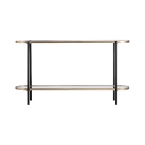 Consola lans de estilo art deco fabricado en hierro en color negro oro combinado con cristal. Producto desmontable.