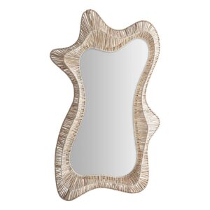 Espejo de estilo boho fabricado en rafia en color marrón combinado con espejo y madera dm.