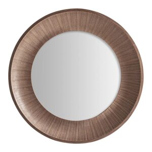 Espejo Zermatt de estilo art deco fabricado en espejo combinado con madera nogal en color marrón claro y madera dm en color marrón.
