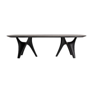Mesa comedor bilzen de estilo contemporáneo fabricado en chapa de roble en color negro combinado con madera dm y fibra de vidrio.