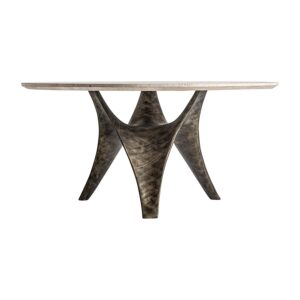 Mesa comedor Laize de estilo art deco fabricado en travertino en color beige combinado con acero inoxidable en color oro con acabado viejo. Producto desmontable.