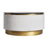 Mesa de centro Zerbst de estilo art deco fabricado en hierro en color blanco combinado con mármol en color negro y madera dm en color oro. Producto desmontable.