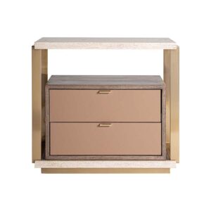 Mesita de noche monza de estilo art deco fabricado en travertino en color beige combinado con acero inoxidable en color dorado con acabado brillo y madera dm en color marrón.