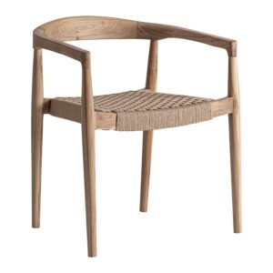 Sillón Caen de estilo colonial fabricado en madera de teka en color marrón claro combinado con fibra natural en color marrón claro. Producto apilable.