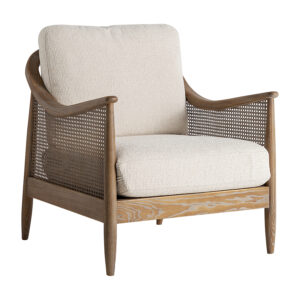 Sillón Ratheim de estilo clásico fabricado en poliéster en color beige combinado con madera de fresno en color marrón y espuma.