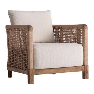 Sillón trena de estilo boho fabricado en madera de teka reciclada en color marrón combinado con polipropileno reciclado en color blanco. Producto desmontable.