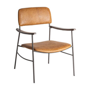 Sillón waky de estilo vintage fabricado en piel en color marrón combinado con hierro y madera de caucho.