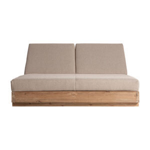 Tumbona doble Pure de estilo colonial fabricado en madera de teka reciclada en color marrón con acabado natural combinado con polipropileno reciclado en color beige y espuma. Producto desmontable desenfundable.