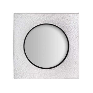 Espejo hakim de estilo art deco fabricado en madera dm en color blanco con acabado rugoso combinado con hierro en color negro y espejo.