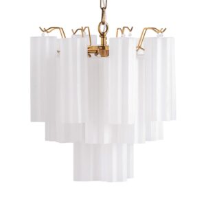 Lámpara de colgar fabricado en cristal en color blanco combinado con acero en color dorado.