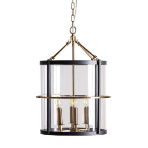 Lámpara de colgar de estilo art deco fabricado en hierro en color negro combinado con metacrilato en color oro. Producto desmontable.