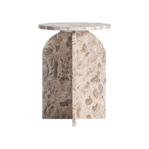 Mesa auxiliar Alessano de estilo art deco fabricado en mármol en color beige.