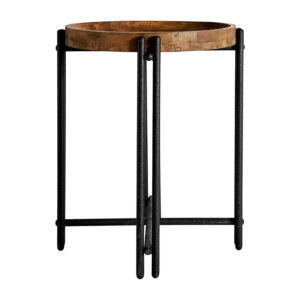 Mesa auxiliar minot de estilo industrial fabricado en madera de olmo en color marrón con acabado envejecido.