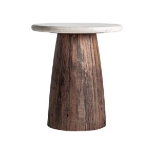 Mesa auxiliar skorup de estilo rústico fabricado en madera recuperada en color marrón con acabado envejecido combinado con mármol en color blanco.