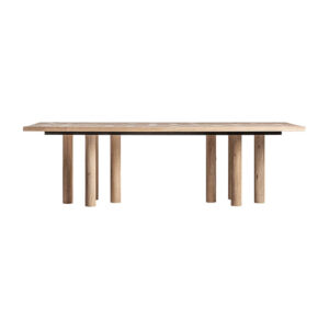 Mesa comedor jacquard de estilo contemporáneo. Fabricado en madera de mango en color marrón claro combinado con travertino en color marrón. Producto desmontable.