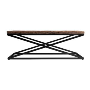 Mesa de centro akron de estilo industrial fabricado en madera de teka en color marrón combinado con acero en color negro.