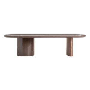 Mesa de centro Kuftein de estilo contemporáneo fabricado en madera dm en color chocolate con acabado brillo combinado con chapa de madera en color marrón. Producto desmontable.