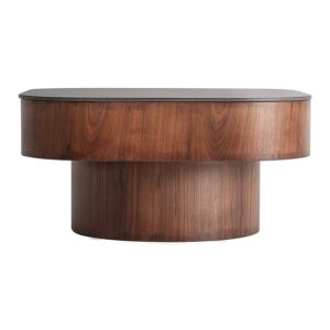 Mesa de centro Neufs de estilo contemporáneo fabricado en mármol sintético en color negro combinado con madera contrachapada en color marrón y chapa de nogal.