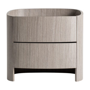 Mesita de noche Burkina de estilo contemporáneo fabricado en madera contrachapada en color gris combinado con chapa de roble en color gris y cuero en color gris.