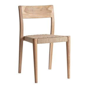 Silla Caen de estilo contemporáneo fabricado en madera de teka en color marrón combinado con fibra natural en color marrón claro. Producto apilable.