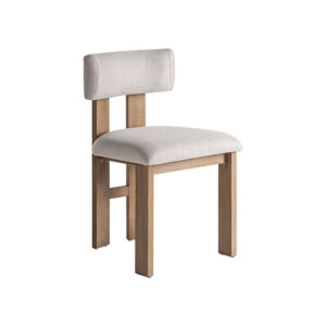 Silla Evje de estilo contemporáneo fabricado en madera de fresno en color marrón beige combinado con poliéster y espuma.