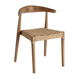 Silla Figeac de estilo vintage fabricado en madera de teka en color marrón combinado con cuerda en color marrón claro. Producto apilable.